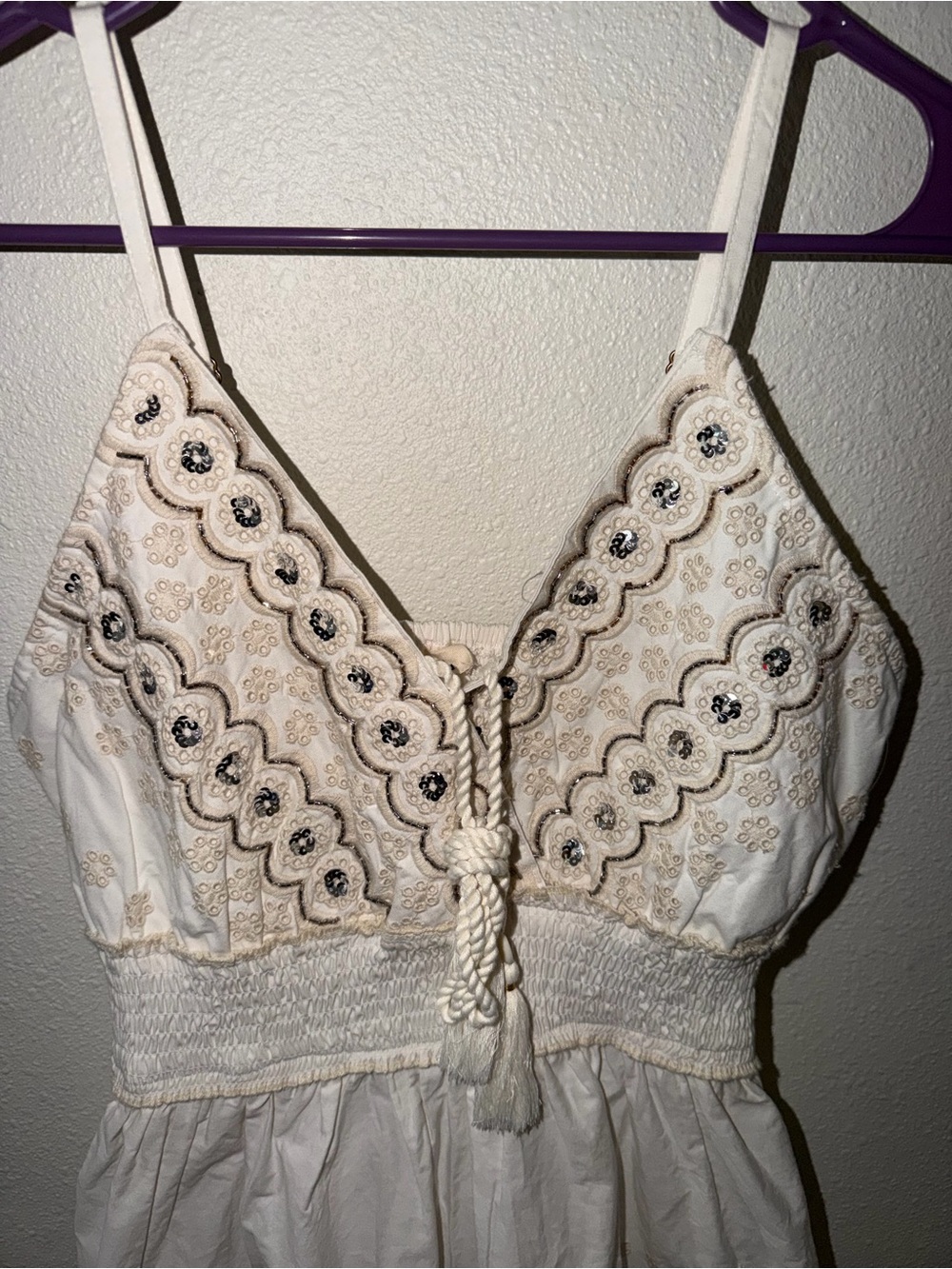 POL Cream Eyelet and Embellshed Mini Dress with Adjustable Spaghetti Straps - Picture 3 of 11